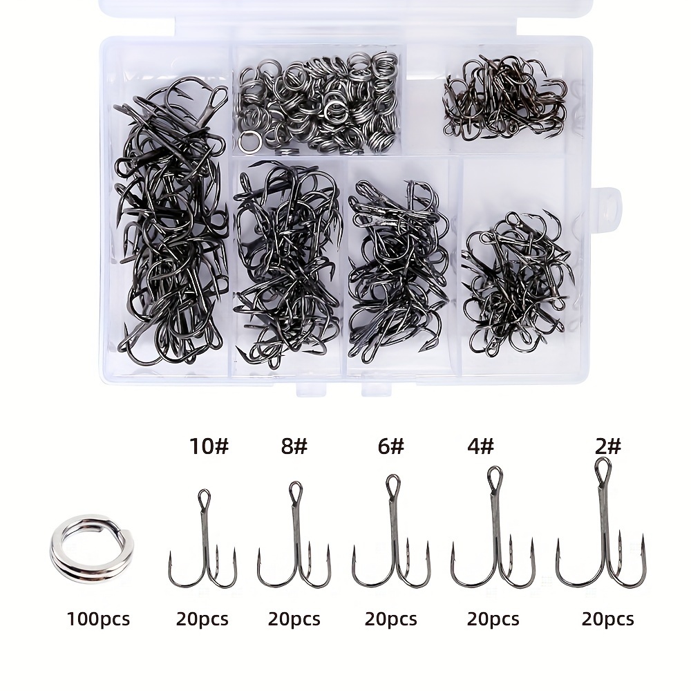 Fishing Hook Assortment - ตะขอเบ็ดตกปลาแบบสามทาง 200 ชิ้น พร้อมตัวเชื่อมแบบวงแหวนคู่ - ตะขอสามทางทำจากเหล็กกล้าไร้สนิมแบบหนาพิเศษสำหรับเหยื่อล่อปลาหมึก